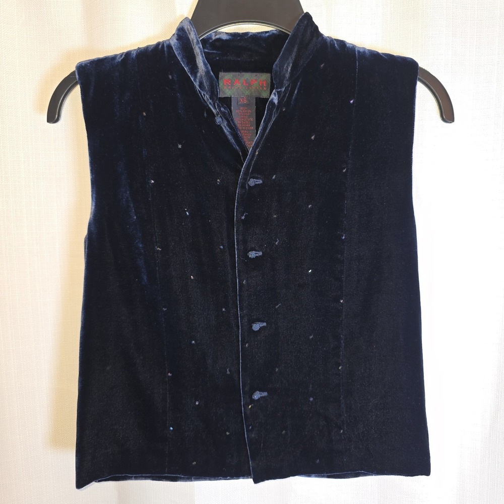 Ralph Lauren XS Navy Blue Velvet Sleeveless Blouse Beaded Silk Blend Button...